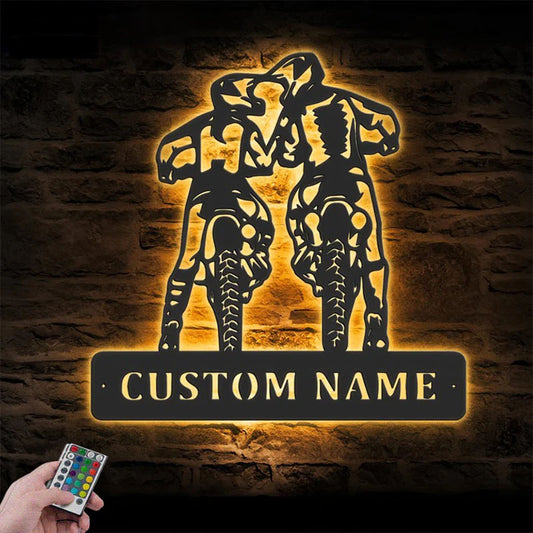 Personalized Motocross Biker Couple Kiss, Metal Wall Signs With RGB Led Light