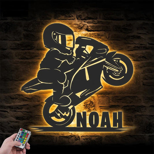 Personalized Motocross Biker Kids, Metal Wall Signs With RGB Led Light