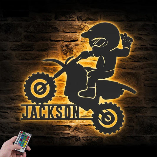 Personalized Motocross Biker Kids, Metal Wall Signs With RGB Led Light