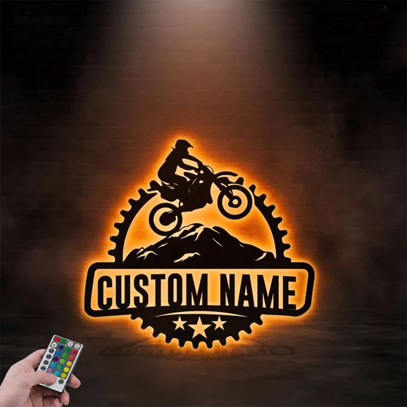 Personalized Motocross Biker Metal Sign, Dirt Bike Name Sign, Metal Wall Signs With RGB Led Light