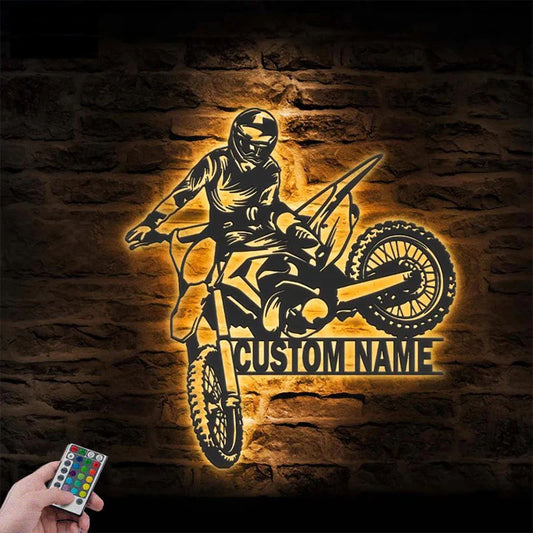 Personalized Motocross Biker, Metal Wall Signs With RGB Led Light