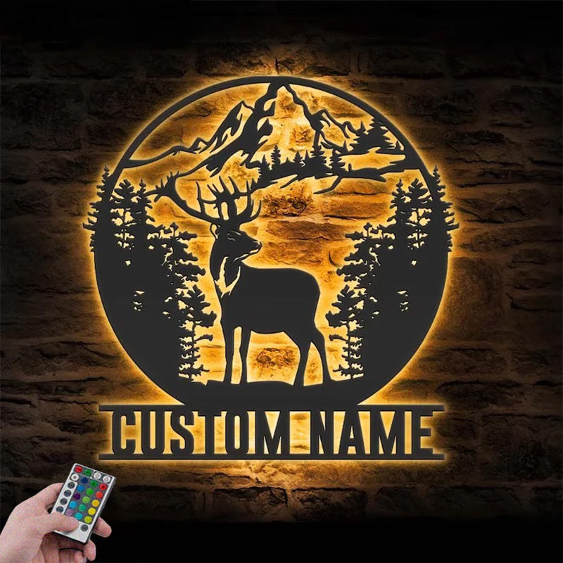 Personalized Moutain Forest Deer Hunting Metal Wall Signs With RGB Led Light