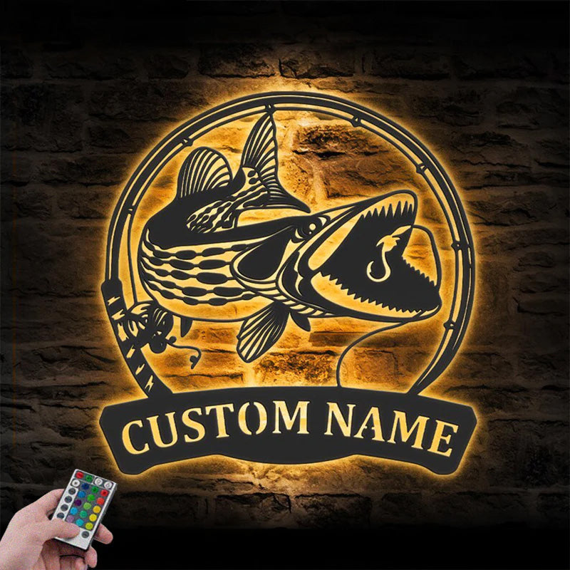 Personalized Muskellunge Fishing Metal Wall Signs With RGB Led Light