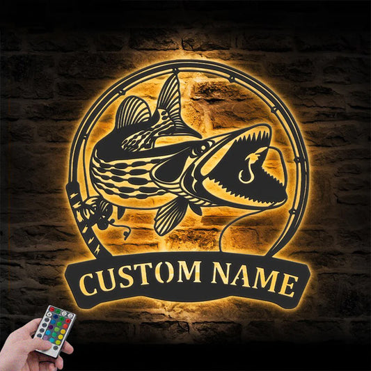 Personalized Muskellunge Fishing Metal Wall Signs With RGB Led Light
