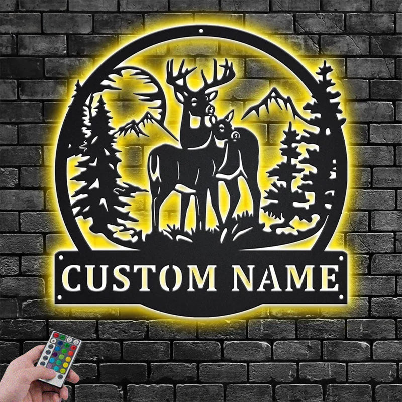 Personalized Name Deer And Mountain Metal Wall Signs With RGB Led Light