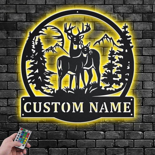 Personalized Name Deer And Mountain Metal Wall Signs With RGB Led Light