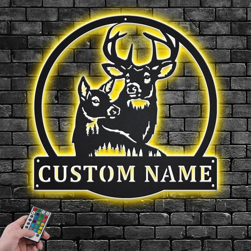 Personalized Name Deer Couple Metal Wall Signs With RGB Led Light