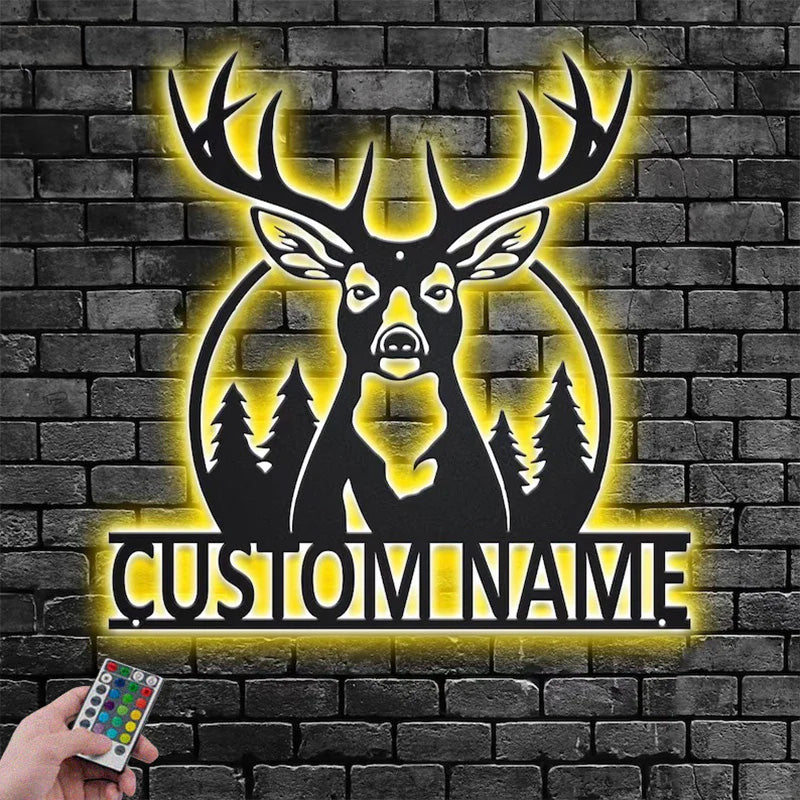 Personalized Name Deer Hunter Metal Wall Signs With RGB Led Light