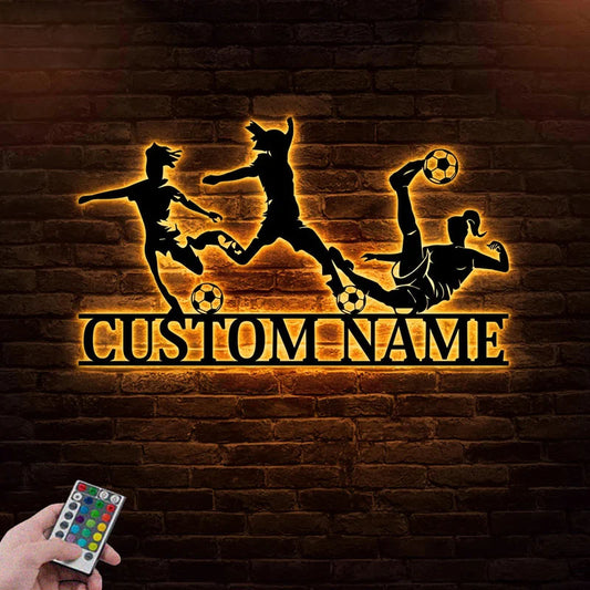 Personalized Name Soccer Girl Metal Wall Signs With RGB Led Light