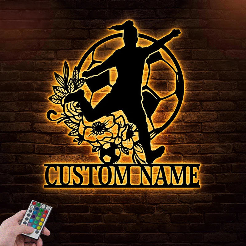 Personalized Name Soccer Girl, Metal Wall Signs With RGB Led Light