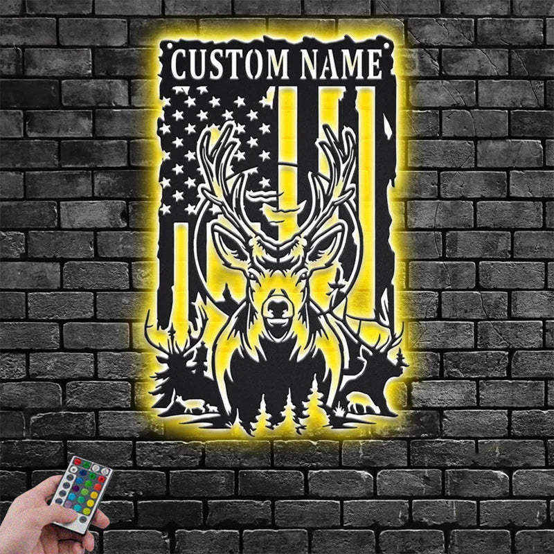Personalized Name US Deer Outdoor Metal Wall Signs With RGB Led Light