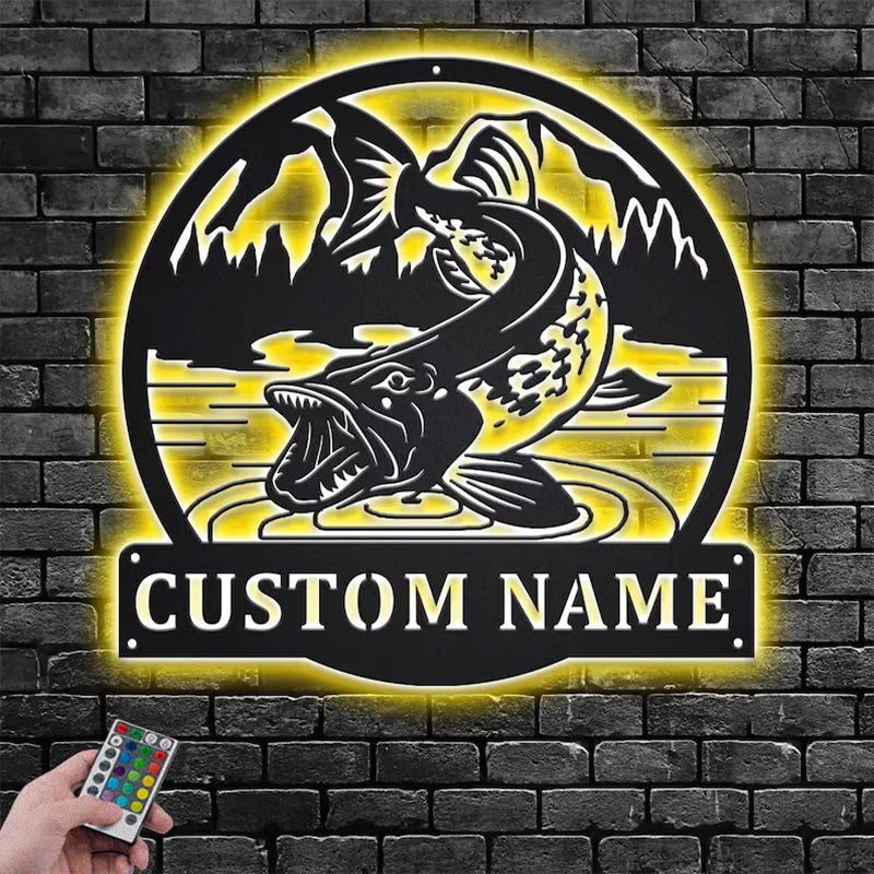 Personalized Northern Pike Fish Metal Wall Signs With RGB Led Light