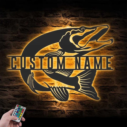 Personalized Northern Pike Fishing Metal Wall Signs With RGB Led Light