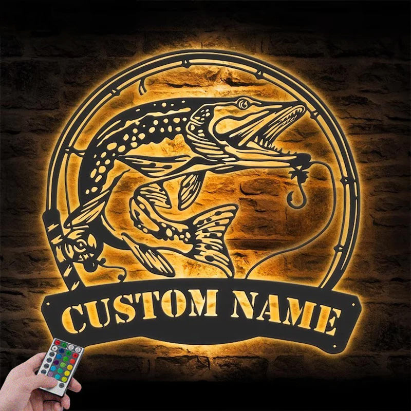 Personalized Northern Pike Fishing Metal Wall Signs With RGB Led Light