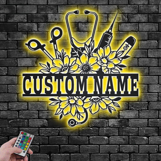 Personalized Nurse Floral Frame, Metal Wall Signs With RGB Led Light
