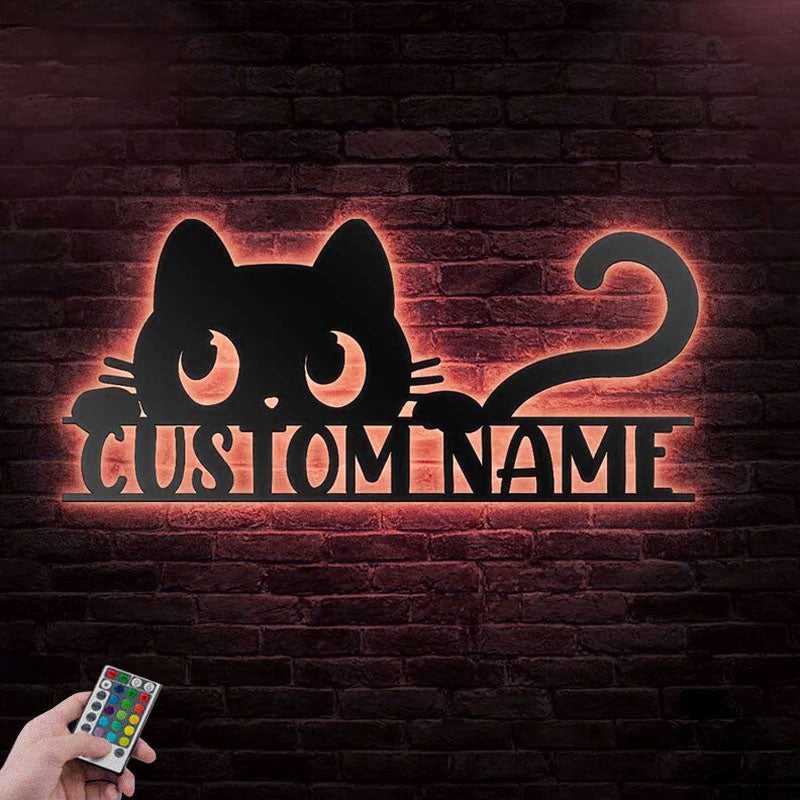 Personalized Peeking Cat, Metal Wall Signs With RGB Led Light