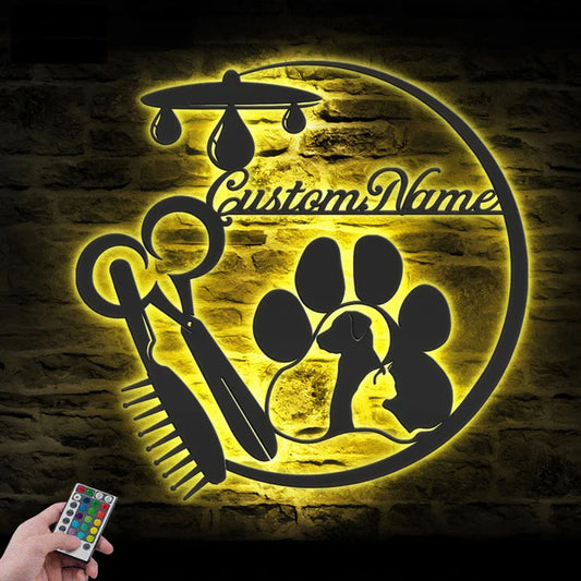 Personalized Pet Grooming Hair Salon, Metal Wall Signs With RGB Led Light