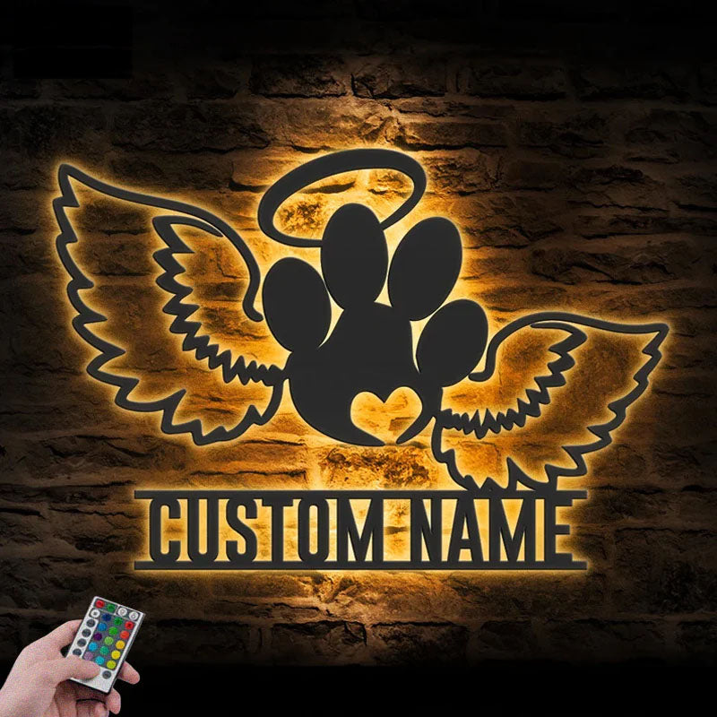 Personalized Pet Wings Memorial Name Date, Metal Wall Signs With RGB Led Light