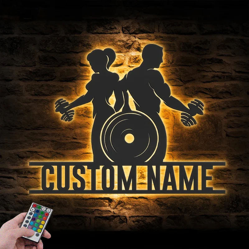 Personalized Powerlifting Name Sign Home Decor Bodybuilding Gym Fitness Metal Wall Signs With RGB Led Light