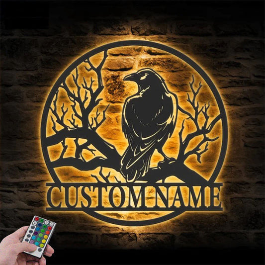 Personalized Raven Metal Wall Art with LED Light, Metal Wall Signs With RGB Led Light