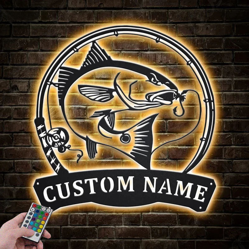 Personalized Red Drum Fishing Fish Pole Metal Wall Signs With RGB Led Light