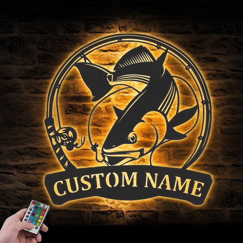 Personalized Red Drum Fishing Metal Wall Signs With RGB Led Light