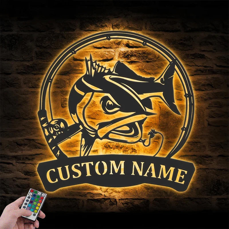Personalized Red Drum Fishing Metal Wall Signs With RGB Led Light