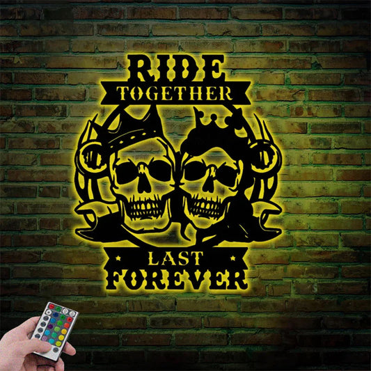 Personalized Ride Together Skull Couple Metal Sign With Colorful LED Lights, Metal Wall Signs With RGB Led Light