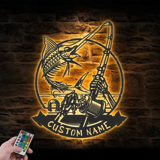 Personalized Skeleton Marlin Fishing Metal Wall Signs With RGB Led Light