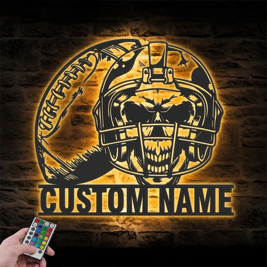 Personalized Skull American Football Metal Wall Signs With RGB Led Light