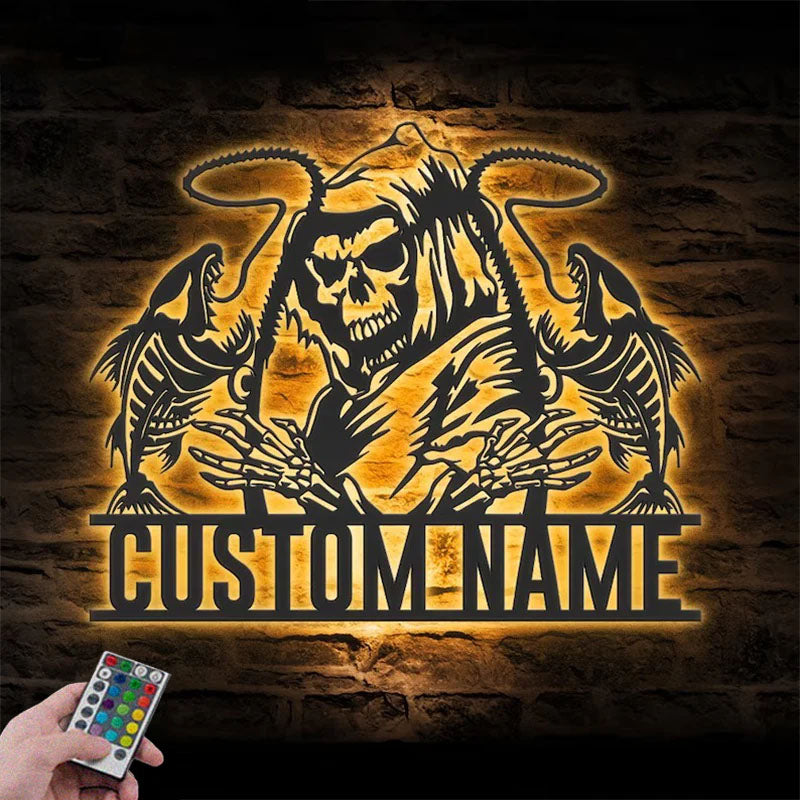 Personalized Skull Fishing Grim Reaper Metal Wall Signs With RGB Led Light