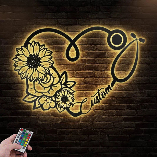 Personalized Sunflower And Rose Heart Stethoscope, Metal Wall Signs With RGB Led Light