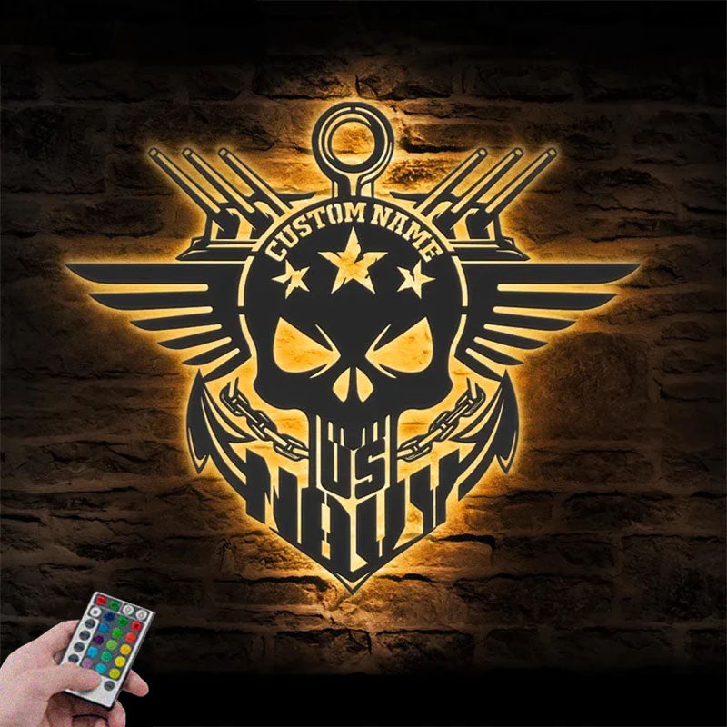 Personalized US Anchor Navy Metal Wall Signs With RGB Led Light