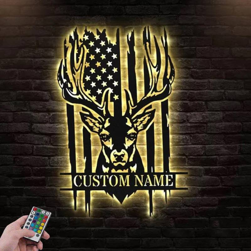 Personalized US Buck Head Deer Metal Wall Signs With RGB Led Light