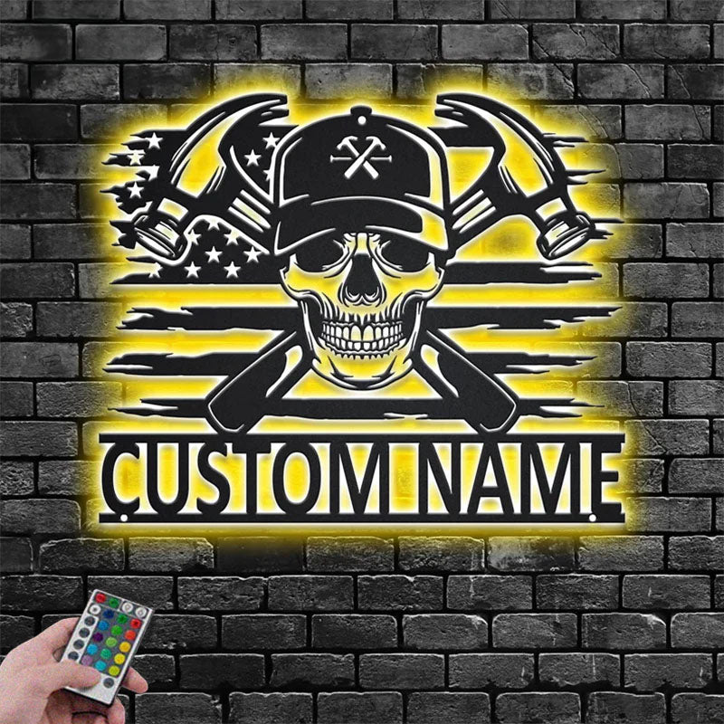 Personalized US Carpenter Skull Metal Wall Signs With RGB Led Light