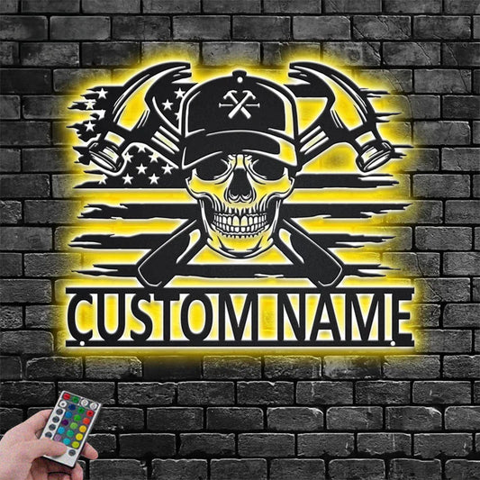 Personalized US Carpenter Skull Metal Wall Signs With RGB Led Light