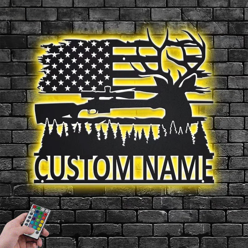 Personalized US Deer Hunting Metal Wall Signs With RGB Led Light