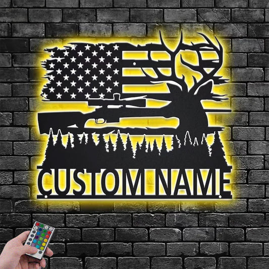 Personalized US Deer Hunting Metal Wall Signs With RGB Led Light