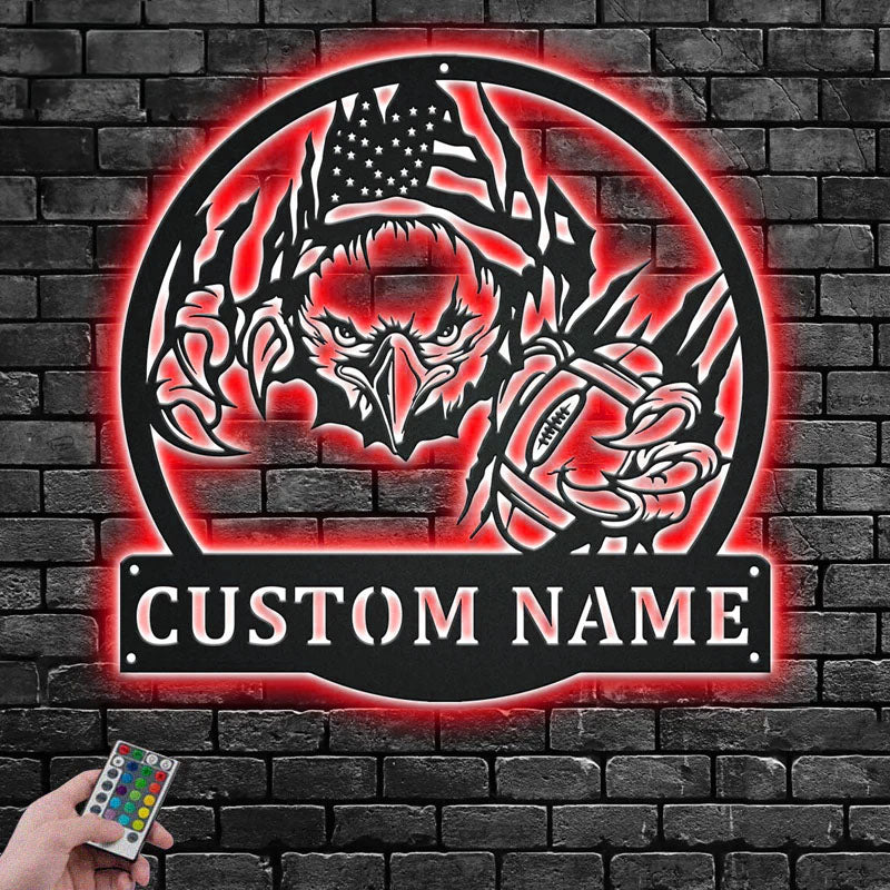 Personalized US Eagle Football, Metal Wall Signs With RGB Led Light