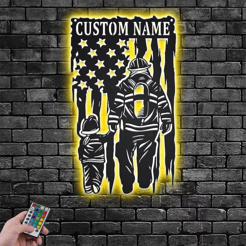 Personalized US Fire Fighter With Sons Name Sign Decoration For Room Metal Wall Signs With RGB Led Light