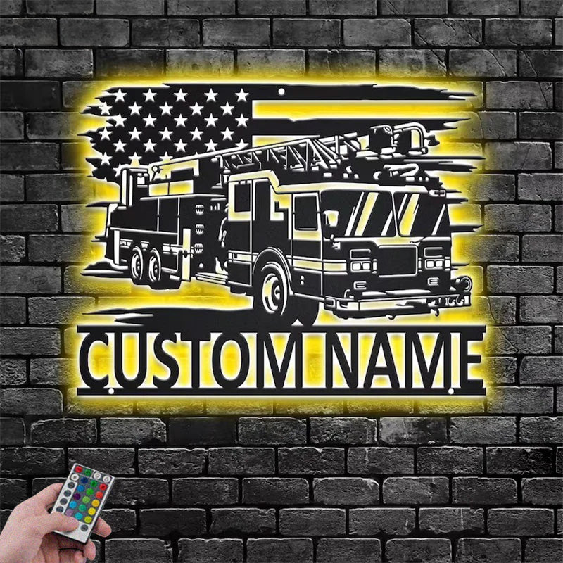 Personalized US Fire Truck Metal Metal Wall Signs With RGB Led Light