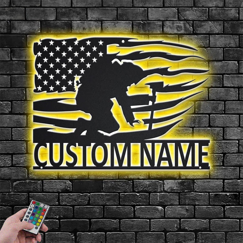 Personalized US Firefighter Kneeling Name Sign Decoration For Room Metal Wall Signs With RGB Led Light