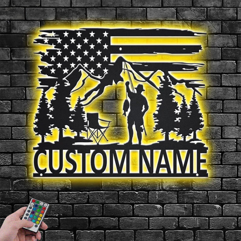 Personalized US Fisherman Metal Wall Signs With RGB Led Light