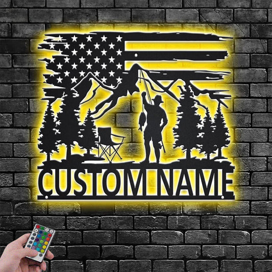 Personalized US Fisherman Metal Wall Signs With RGB Led Light