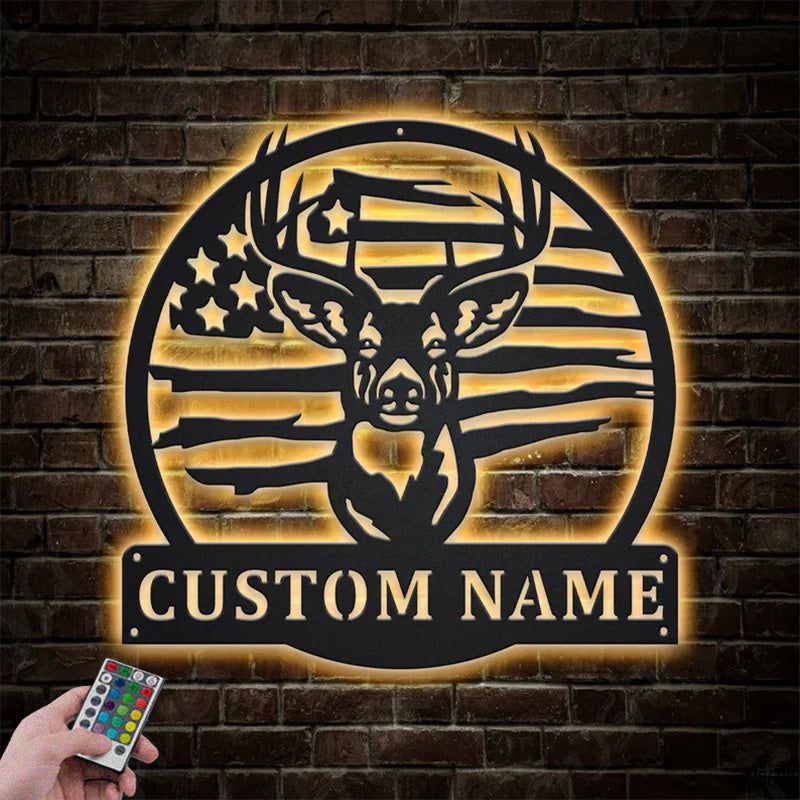 Personalized US Flag Deer Hunting Metal Wall Signs With RGB Led Light