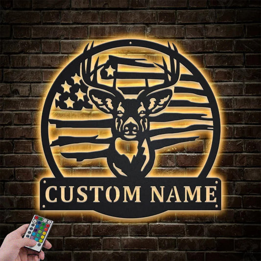 Personalized US Flag Deer Hunting Metal Wall Signs With RGB Led Light
