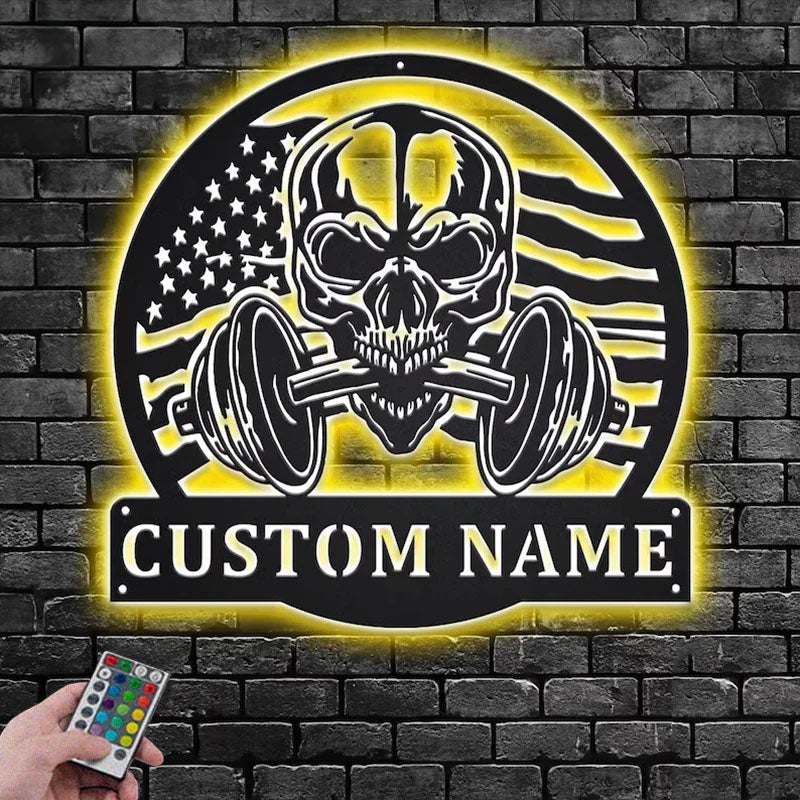 Personalized US Flag Skull Fitness Decoration For Room, Metal Wall Signs With RGB Led Light