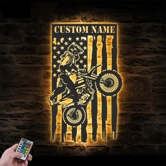 Personalized US Girl Motocross Biker, Metal Wall Signs With RGB Led Light