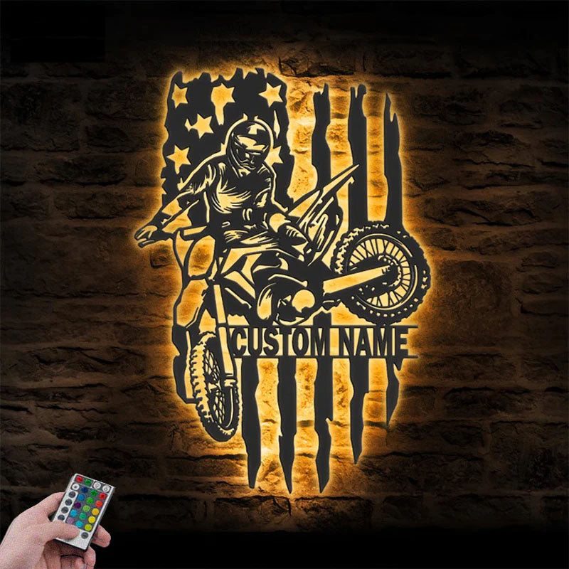 Personalized US Motocross Biker, Metal Wall Signs With RGB Led Light