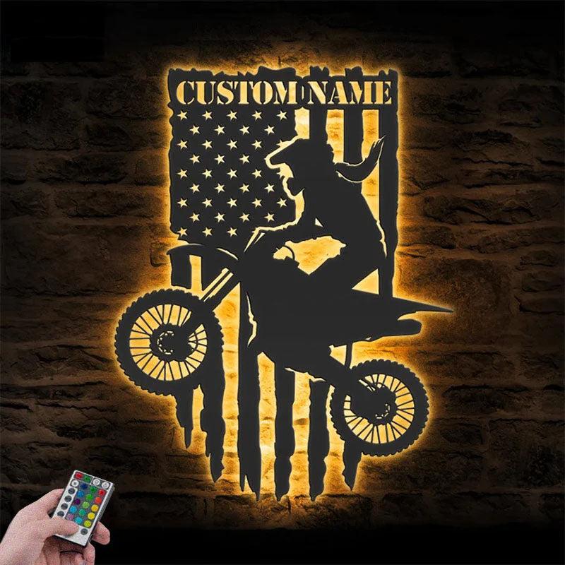 Personalized US Motocross Biker, Metal Wall Signs With RGB Led Light